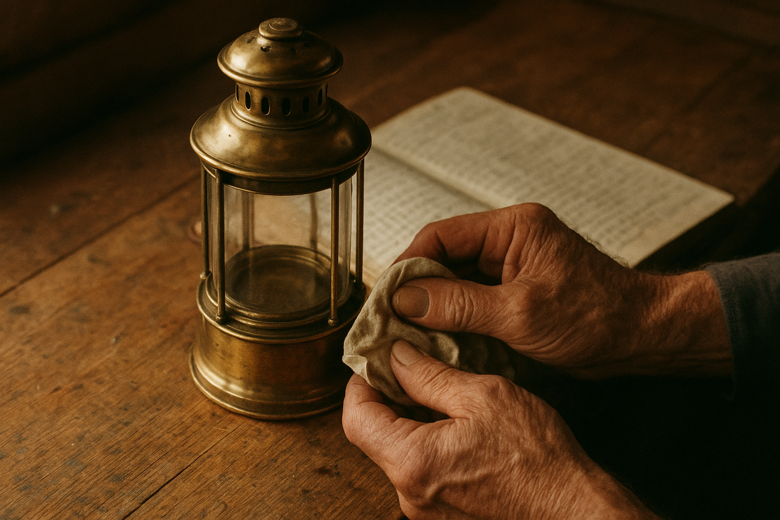 Close detail of a lighthouse keeper's weathered hands polishing a brass lantern beside a salt-stained logbook, in warm grainy film style