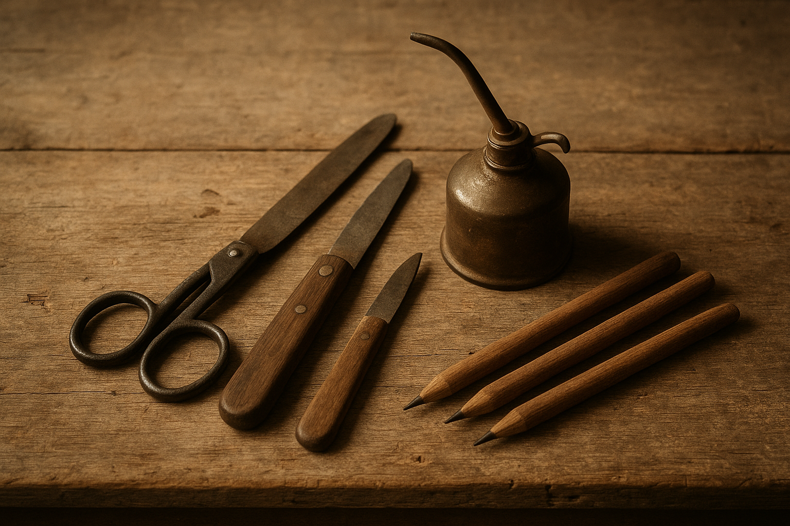 Keeper maintenance tools arranged on a weathered timber bench