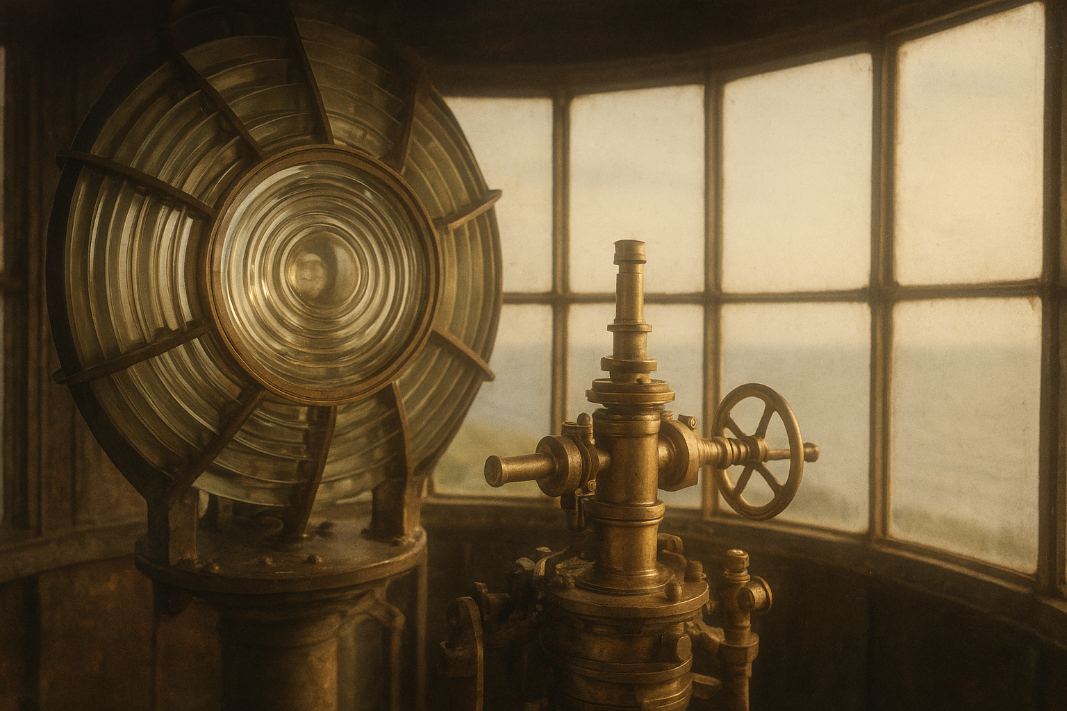 Lantern room interior with brass fittings and concentric Fresnel glass