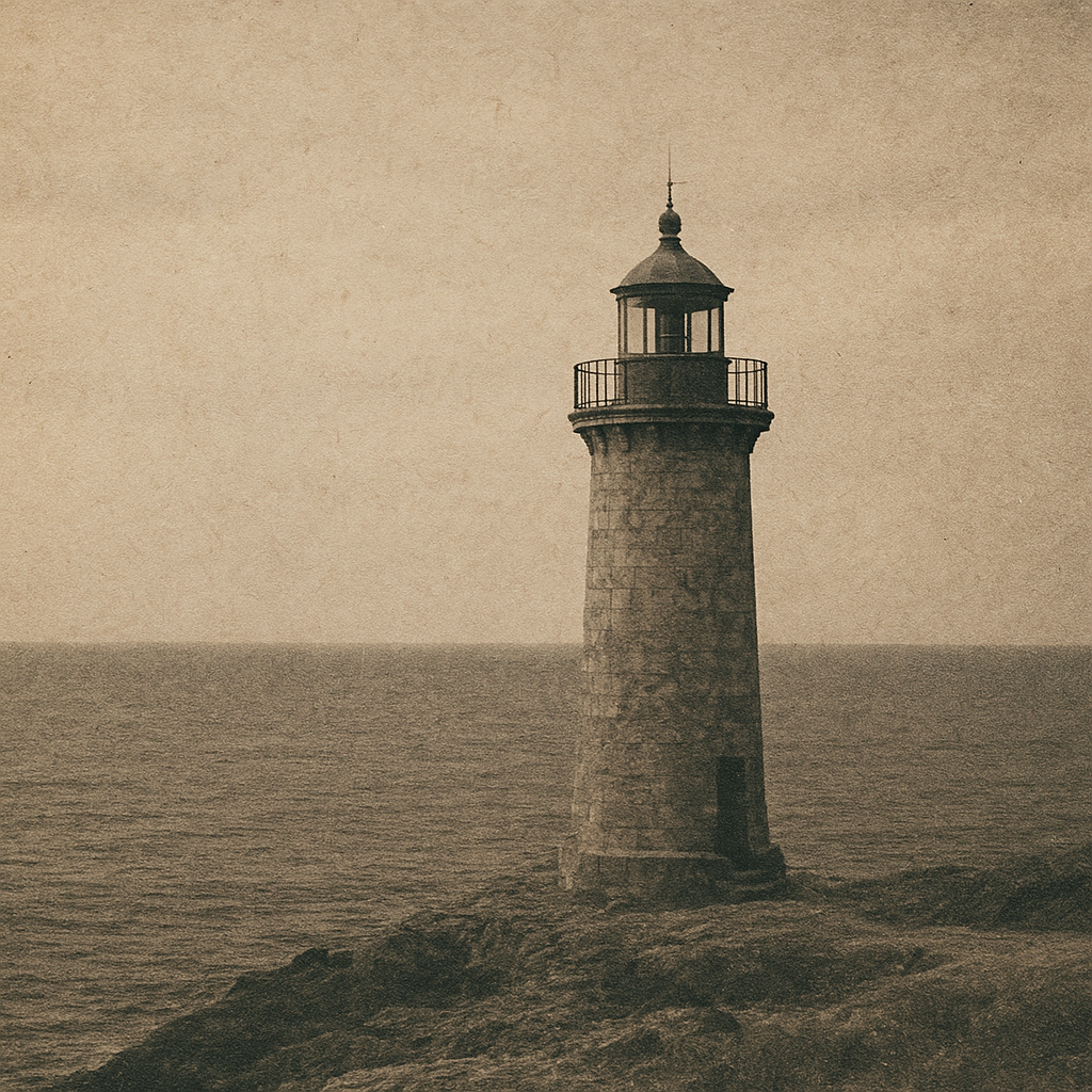Small archival lighthouse photograph with grainy film texture and dark sea horizon