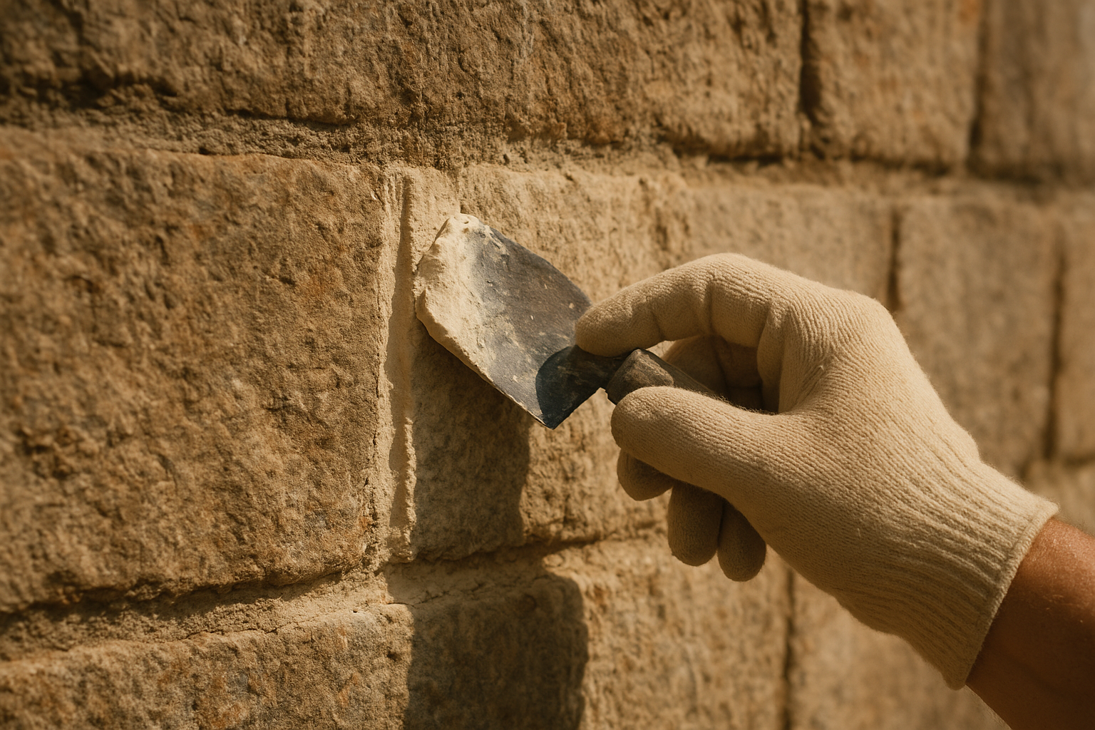 Close restoration view of lime mortar repairs on lighthouse masonry