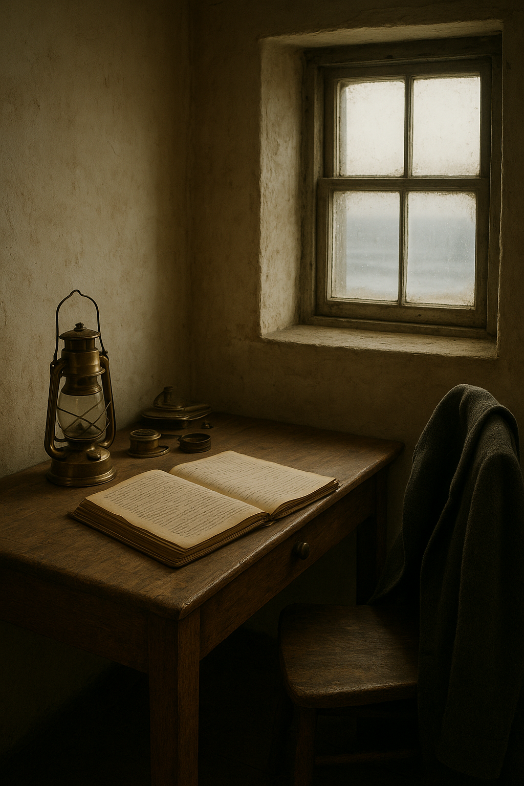 Warm documentary-style photograph of a lighthouse keeper's interior room with a weathered wooden desk, open logbook, brass lantern parts, and sea light coming through a small window