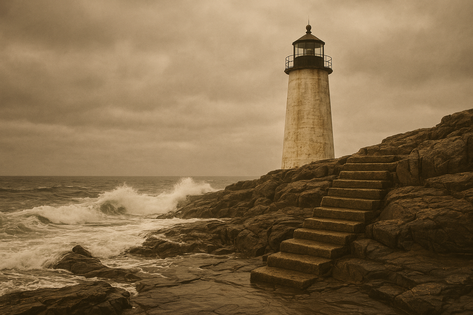 Wave-cut stone steps below a beacon during rough winter tide