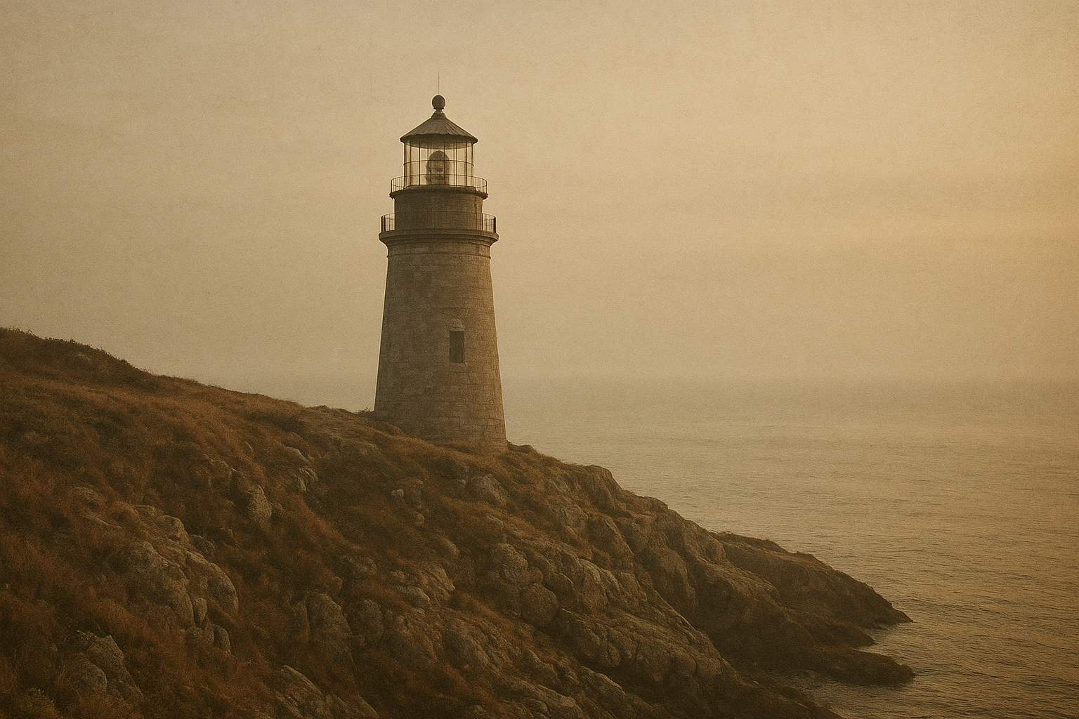 Granite lighthouse on a high headland at dawn with soft sea haze