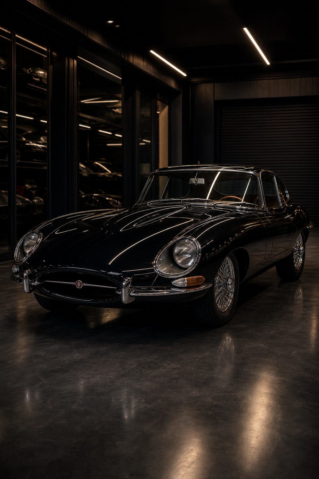Midnight collector coupe photographed in a private showroom with soft overhead lighting
