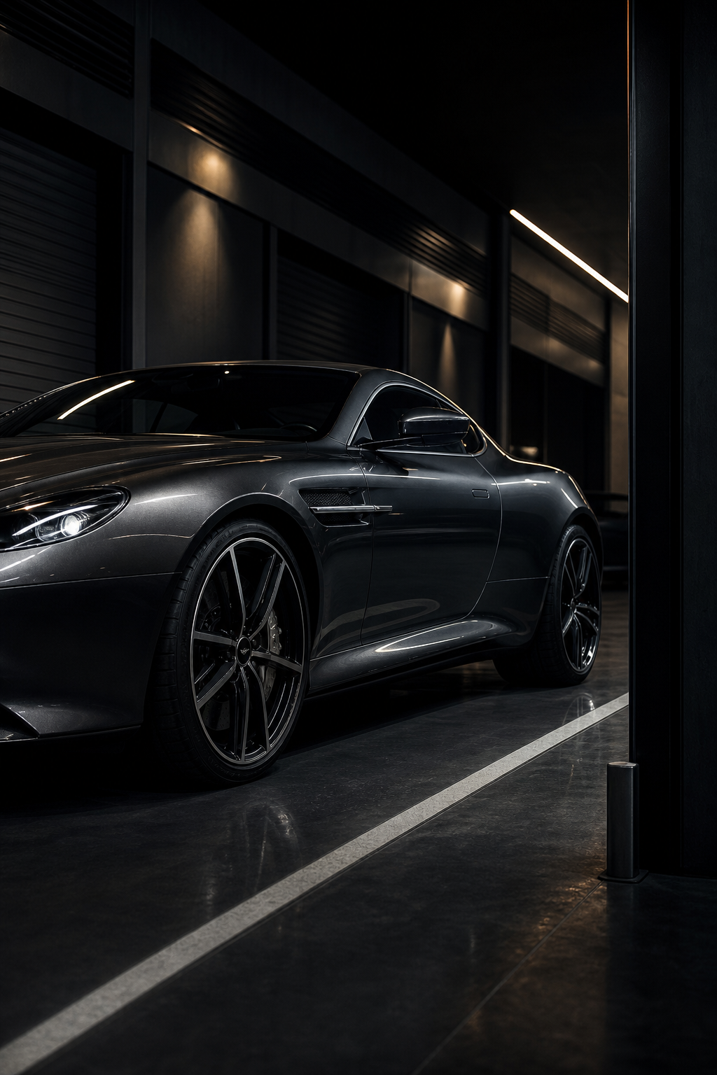 Deep graphite grand tourer with sculpted body lines in a dimly lit premium bay