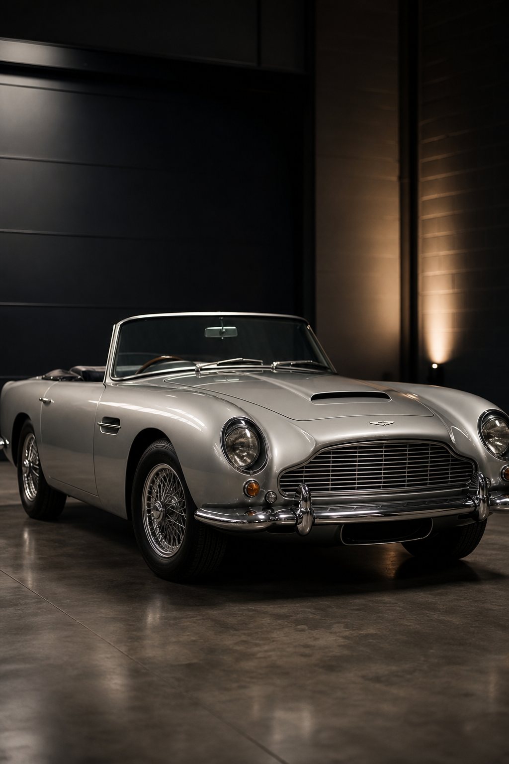 Silver heritage roadster parked on polished concrete inside a secure storage hall
