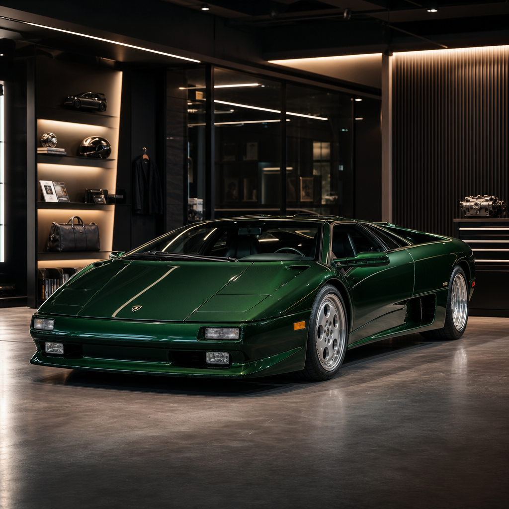 Cinematic view of a dark luxury grand tourer in a low-lit showroom