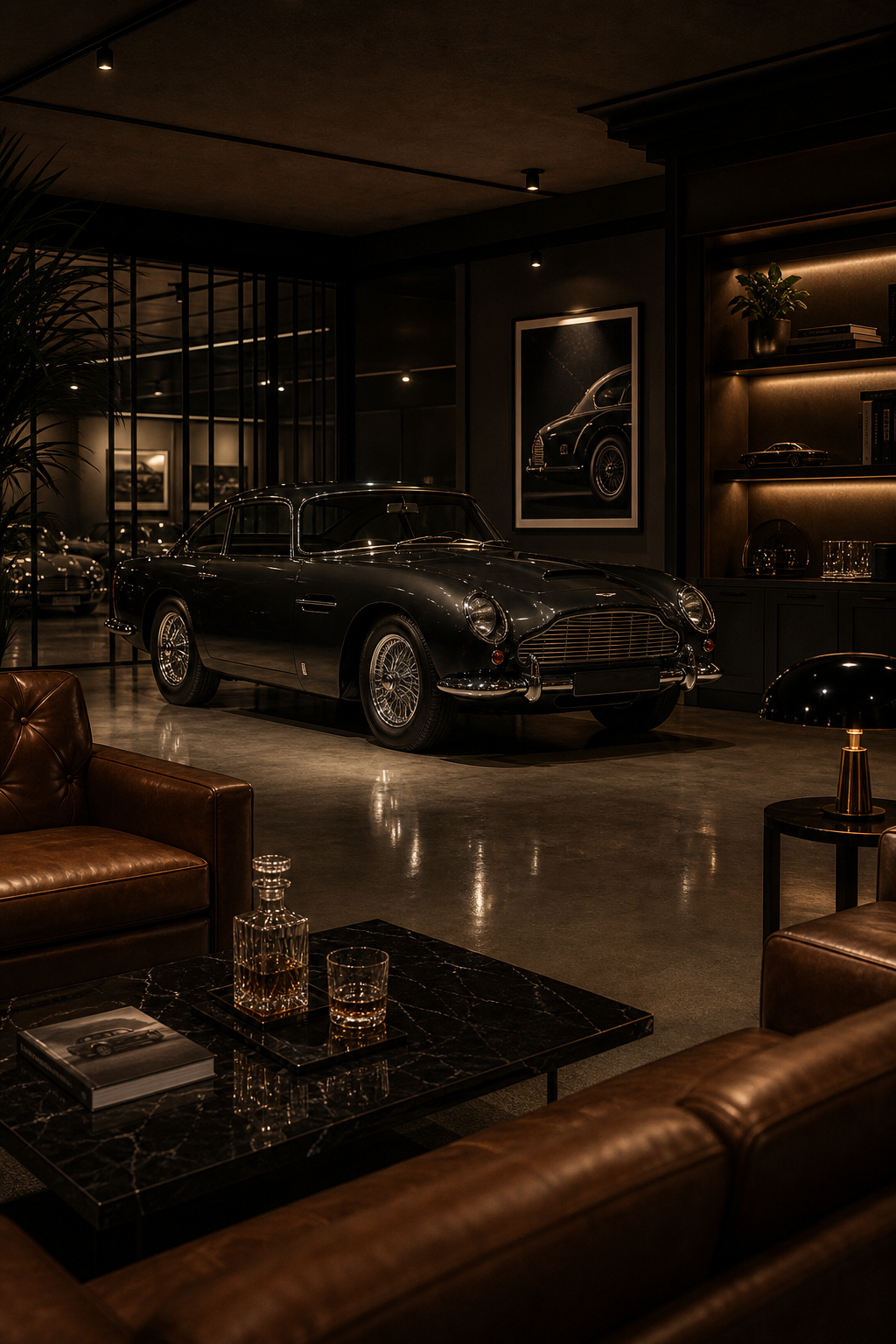 Luxury automotive concierge lounge with a classic car under soft lighting, polished concrete floor, leather seating, and attentive service vibe