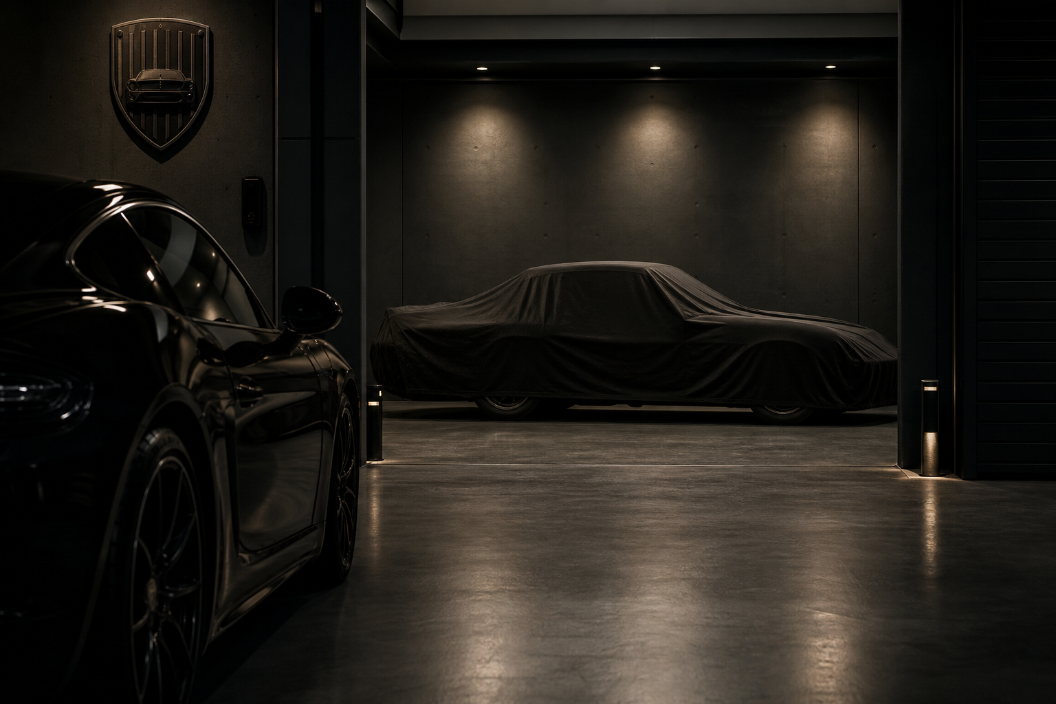 Moody interior of a premium vehicle storage bay with soft lighting, polished concrete floor, and a covered classic car in the background