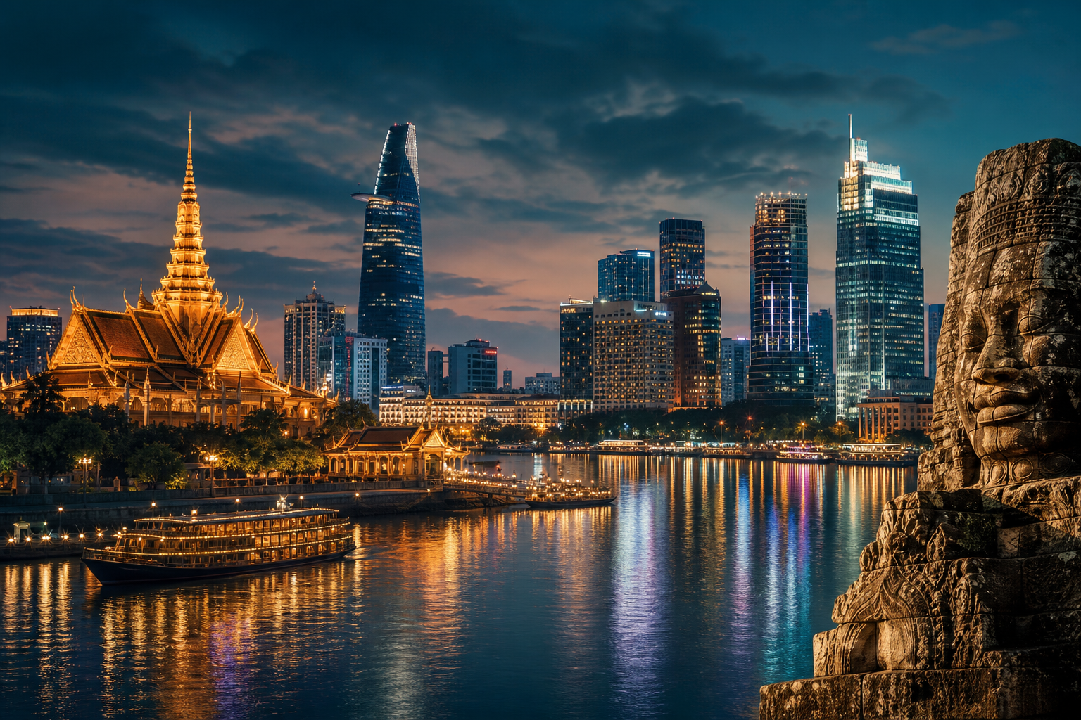 Editorial night panorama blending Phnom Penh riverfront, Bangkok temple silhouettes, Ho Chi Minh City skyline, and Angkor-inspired details with warm city lights