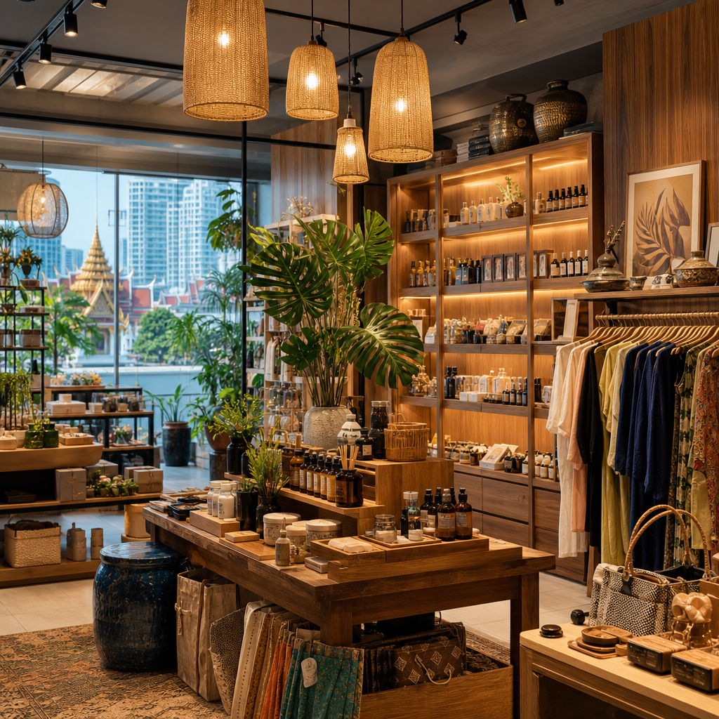 Stylish Bangkok boutique interior with warm lighting and curated products