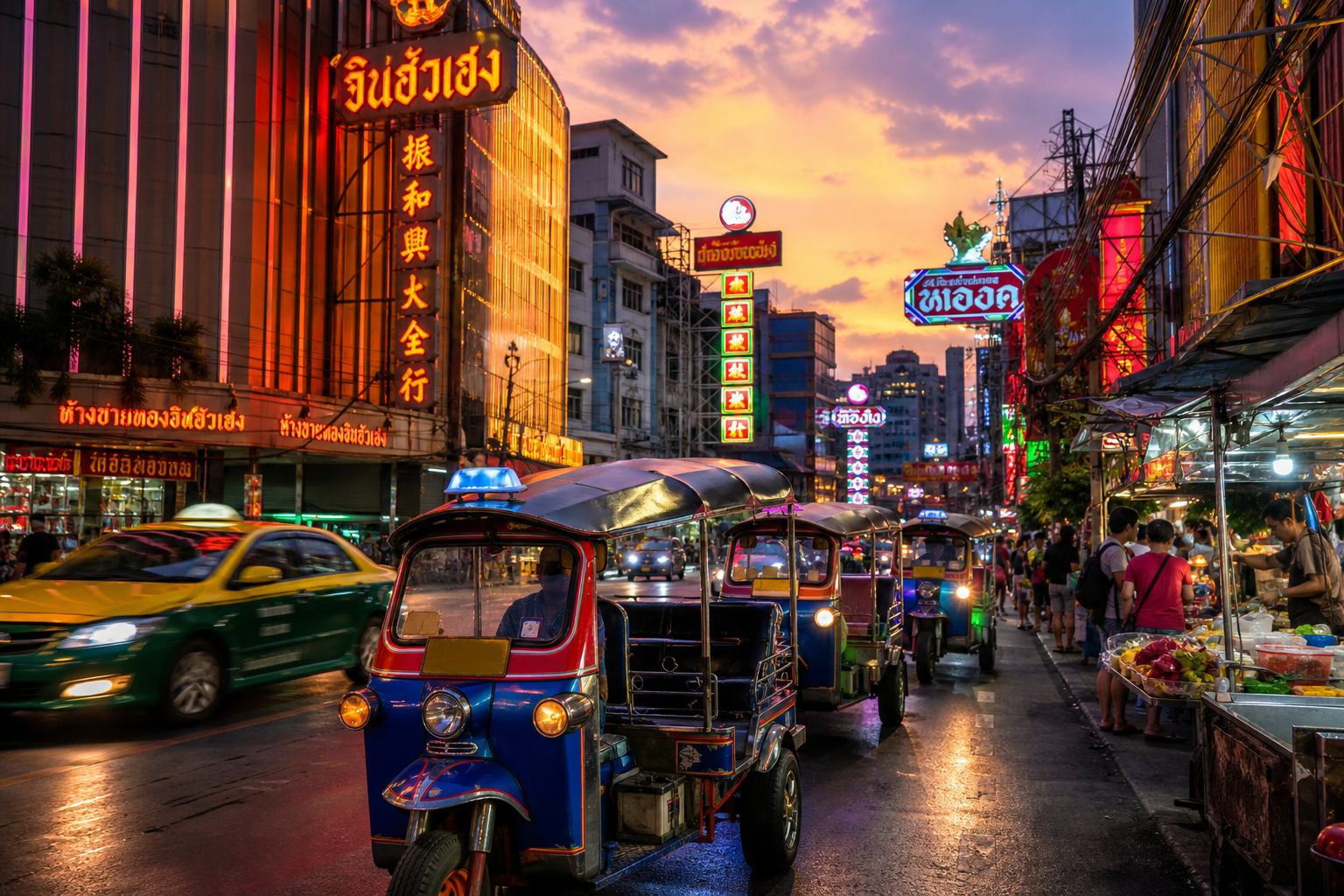 Bangkok street scene with tuk-tuks and neon signage at dusk