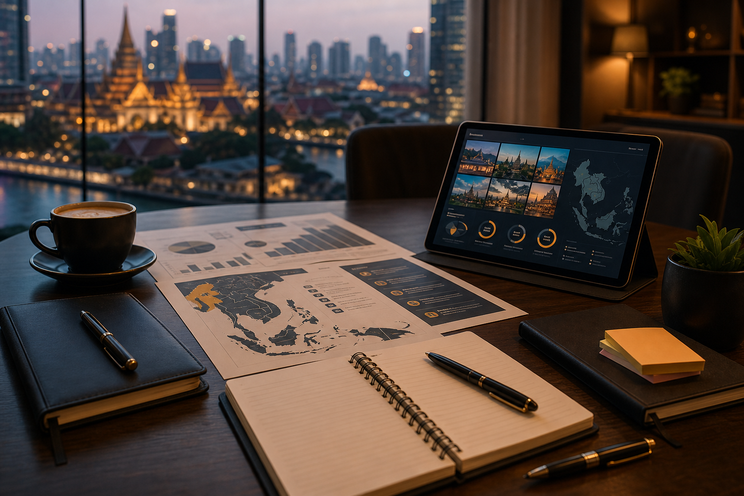 Professional meeting table with Southeast Asia market reports, tablet, and coffee
