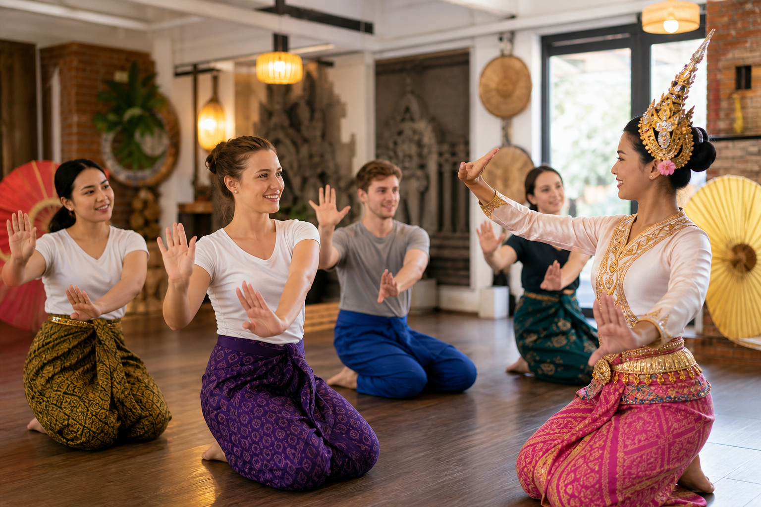 Traditional dance workshop indoors with instructors in colorful costumes and participants following along