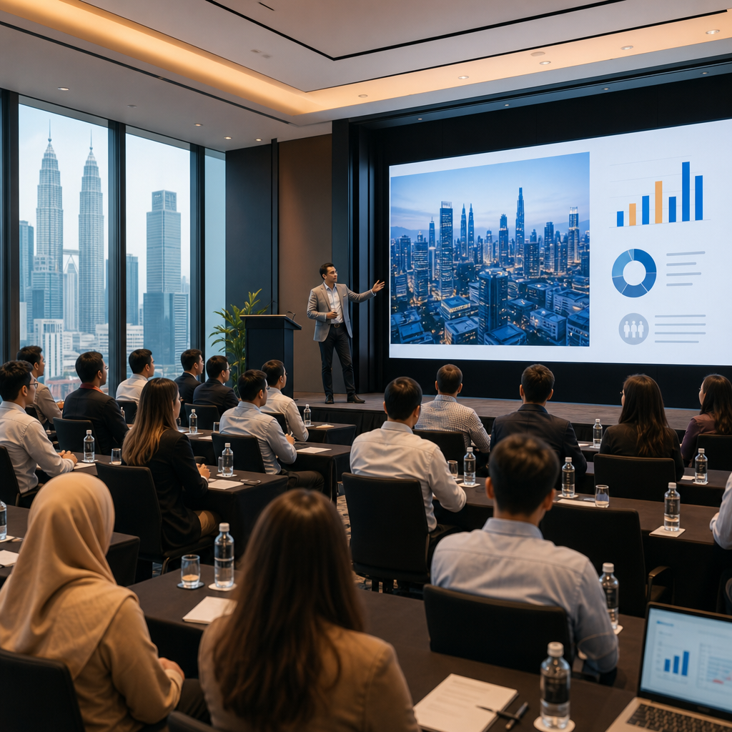 Business workshop in Kuala Lumpur with presenters speaking on stage
