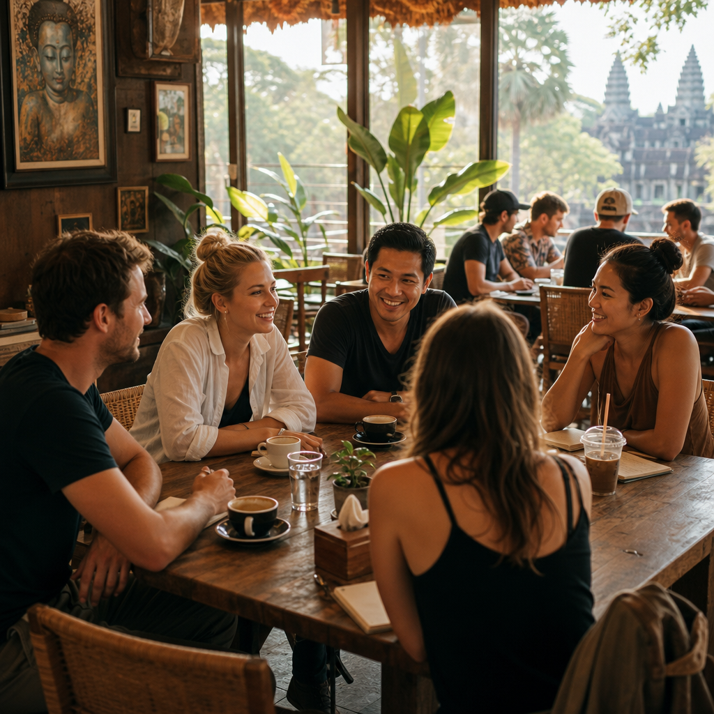 Community meetup in Siem Reap with a diverse group of expats seated at a café