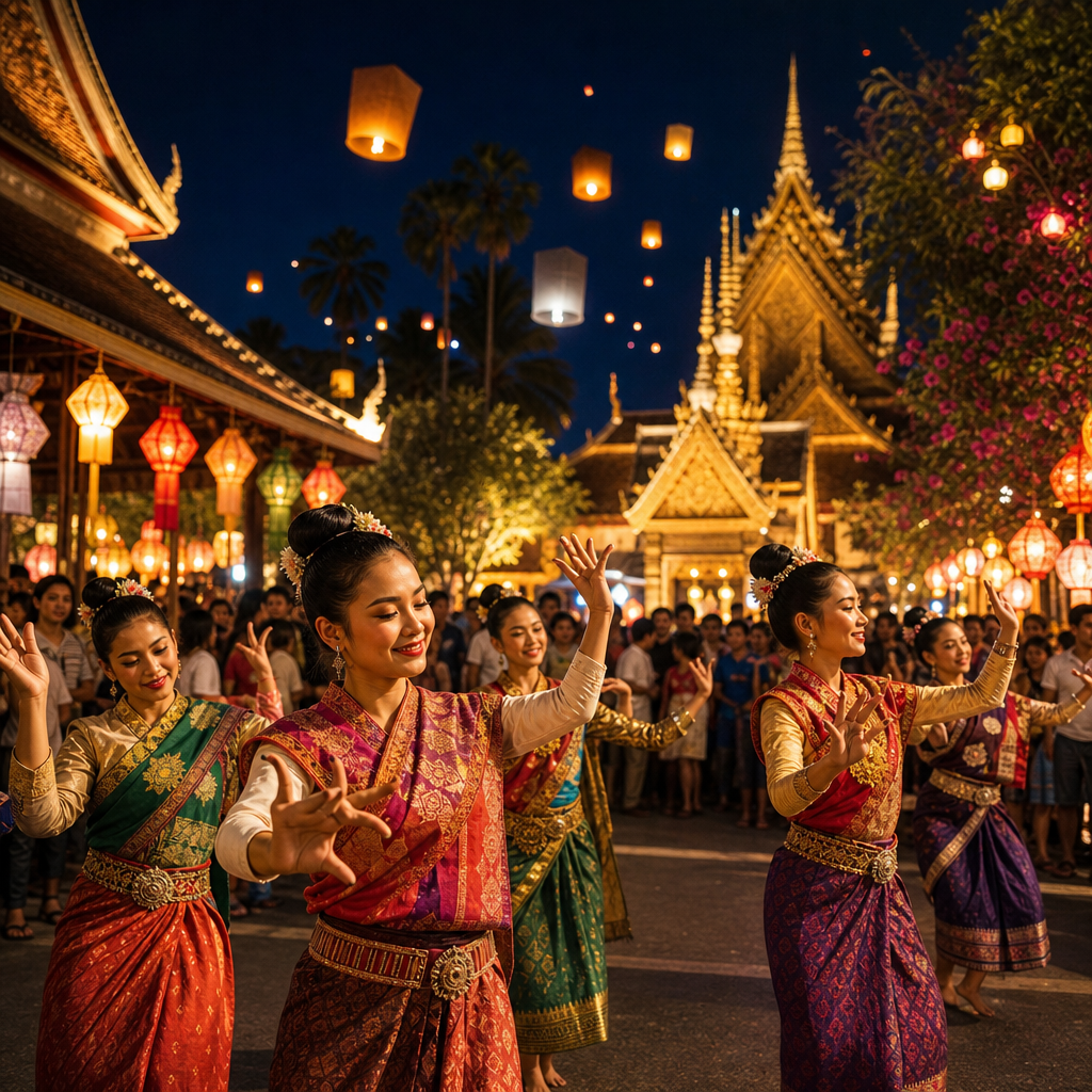 Traditional cultural festival in Luang Prabang with lanterns and dancers