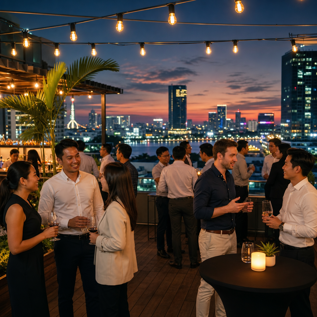 Rooftop networking mixer in Phnom Penh with professionals chatting under warm lights
