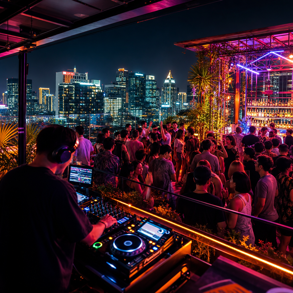 Neon-lit nightlife event in Bangkok with a DJ booth and lively crowd