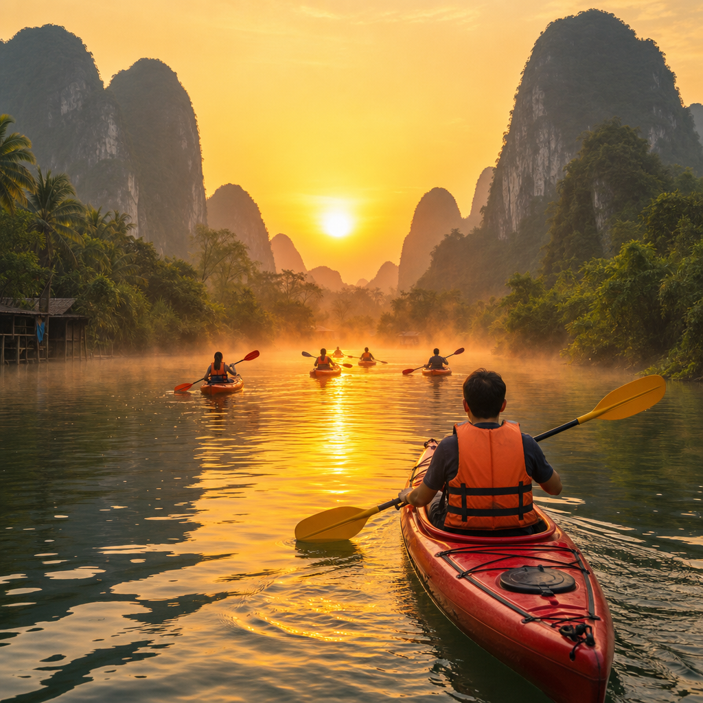 Travel experience on a river in Vietnam with kayaks at sunrise