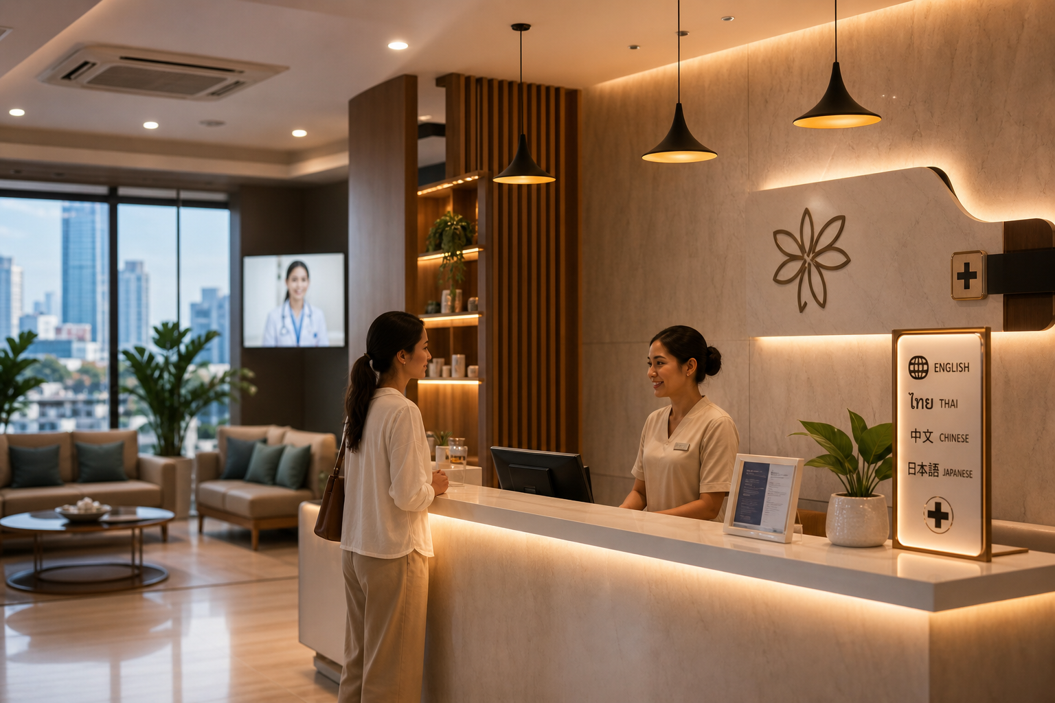 Modern clinic reception in Southeast Asia with warm lighting and multilingual service desk