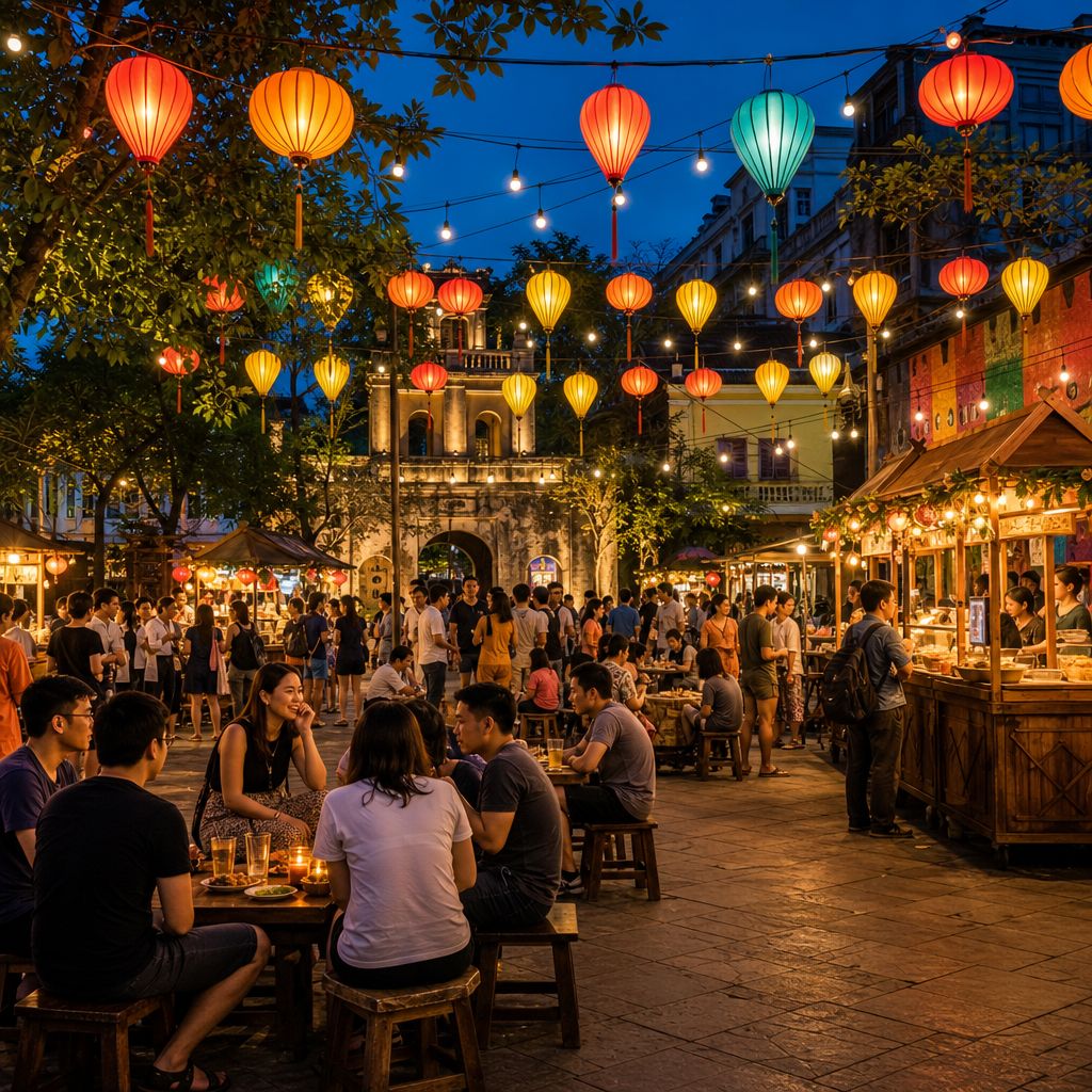 Outdoor community gathering in Hanoi with lanterns and food stalls