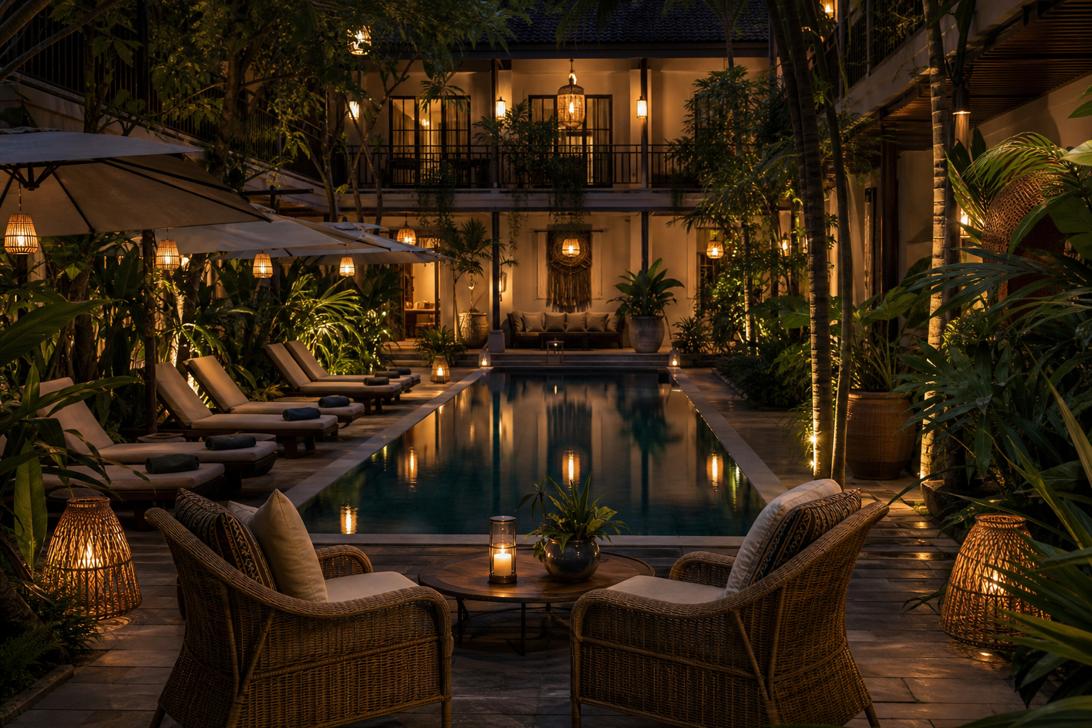 Boutique hotel courtyard in Siem Reap with greenery, rattan seating, and soft lantern light