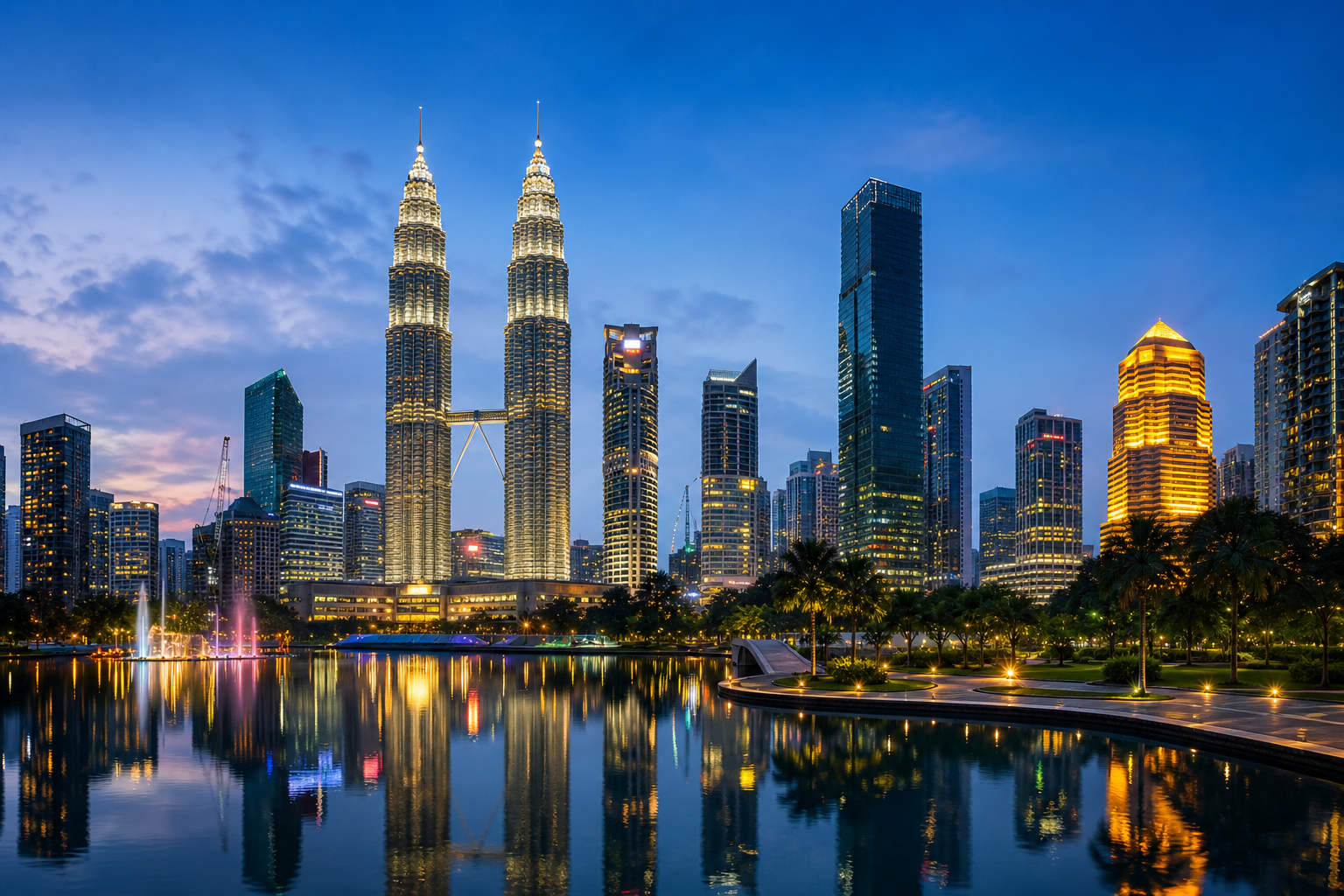 Kuala Lumpur skyline with the Petronas towers and marina water reflections