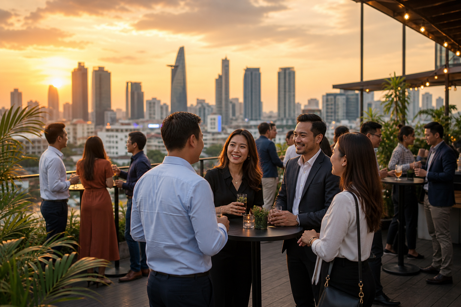 Golden-hour rooftop networking event with professionals gathered around high tables and city skyline in the background