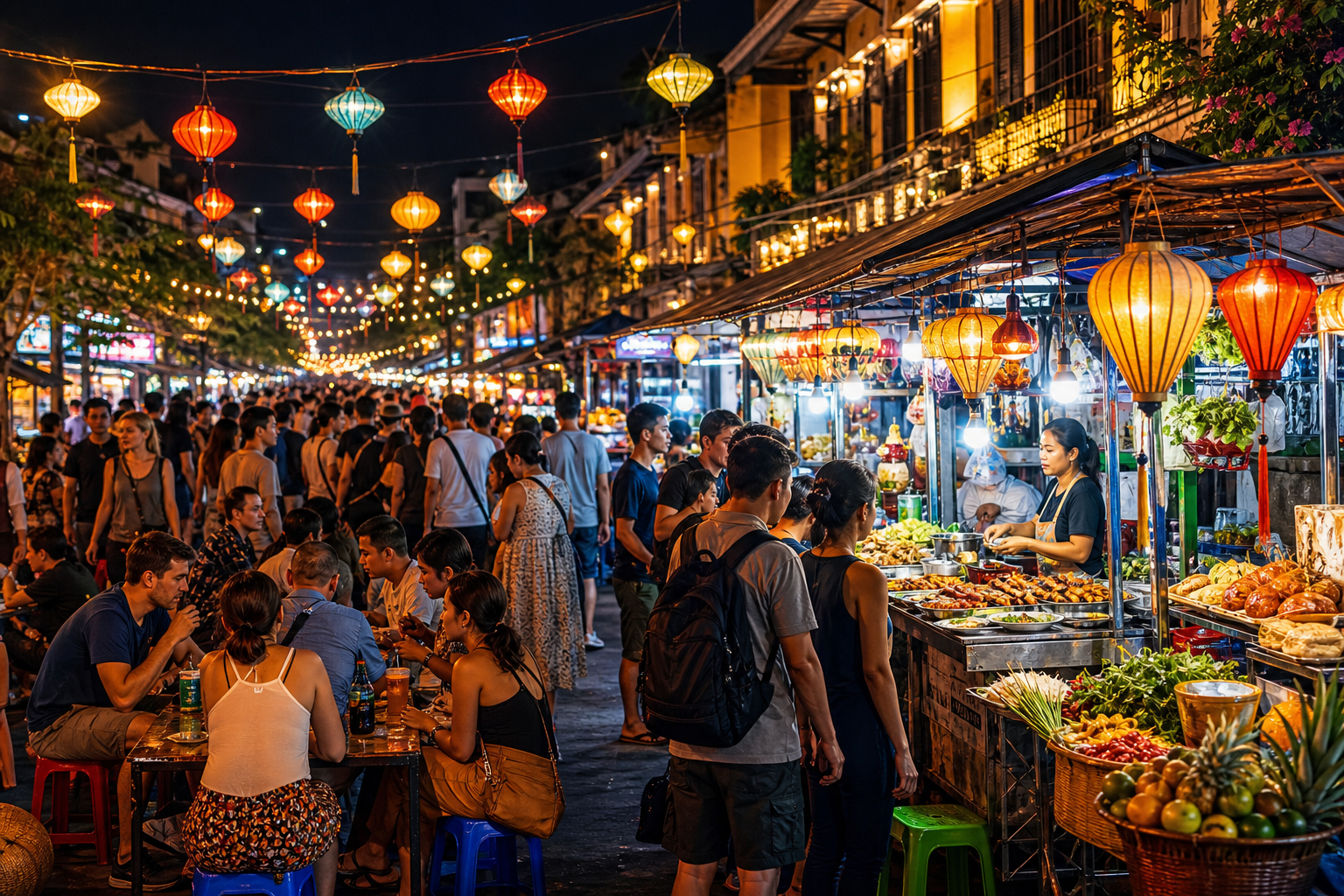 Vibrant Southeast Asian night market with lantern lights, street food stalls, and crowds browsing