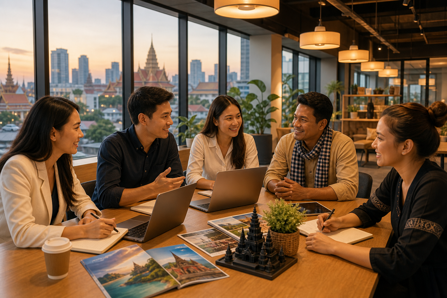 A partnership meeting between tourism brand representatives and local business owners in a modern Southeast Asia workspace