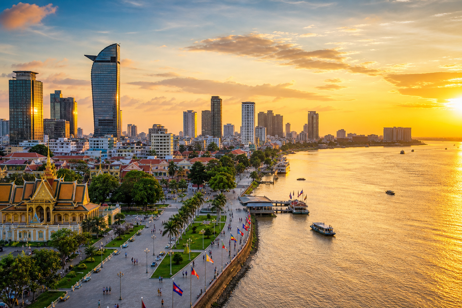 Phnom Penh city skyline with the Mekong river at golden hour