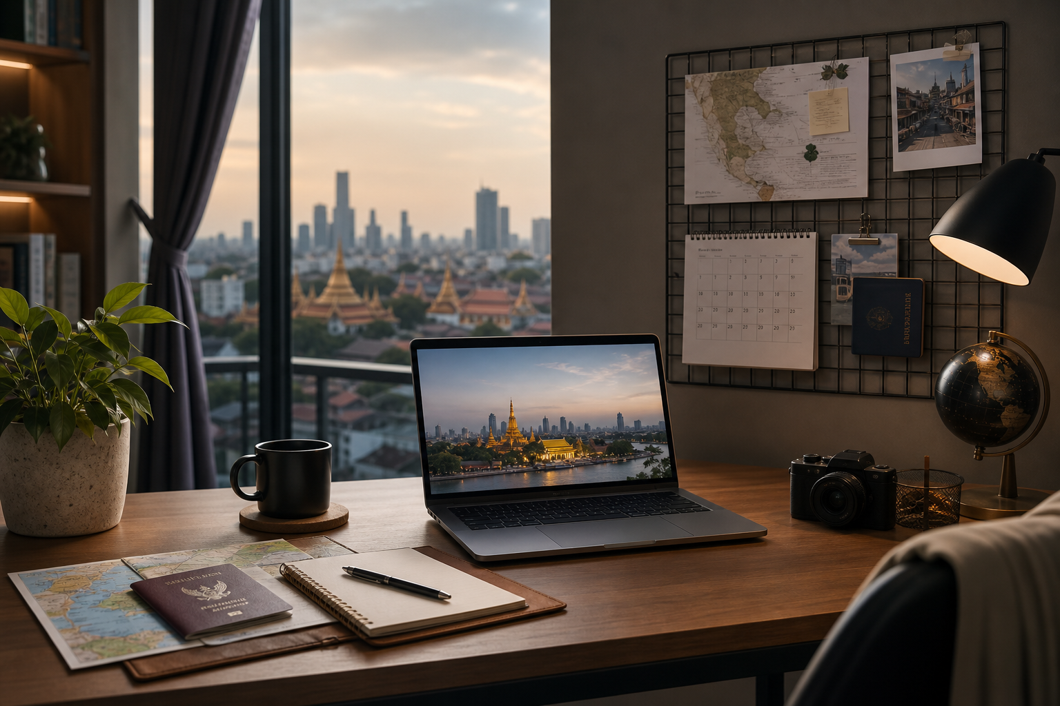Organized apartment workspace with laptop, travel documents, and calendar planning board