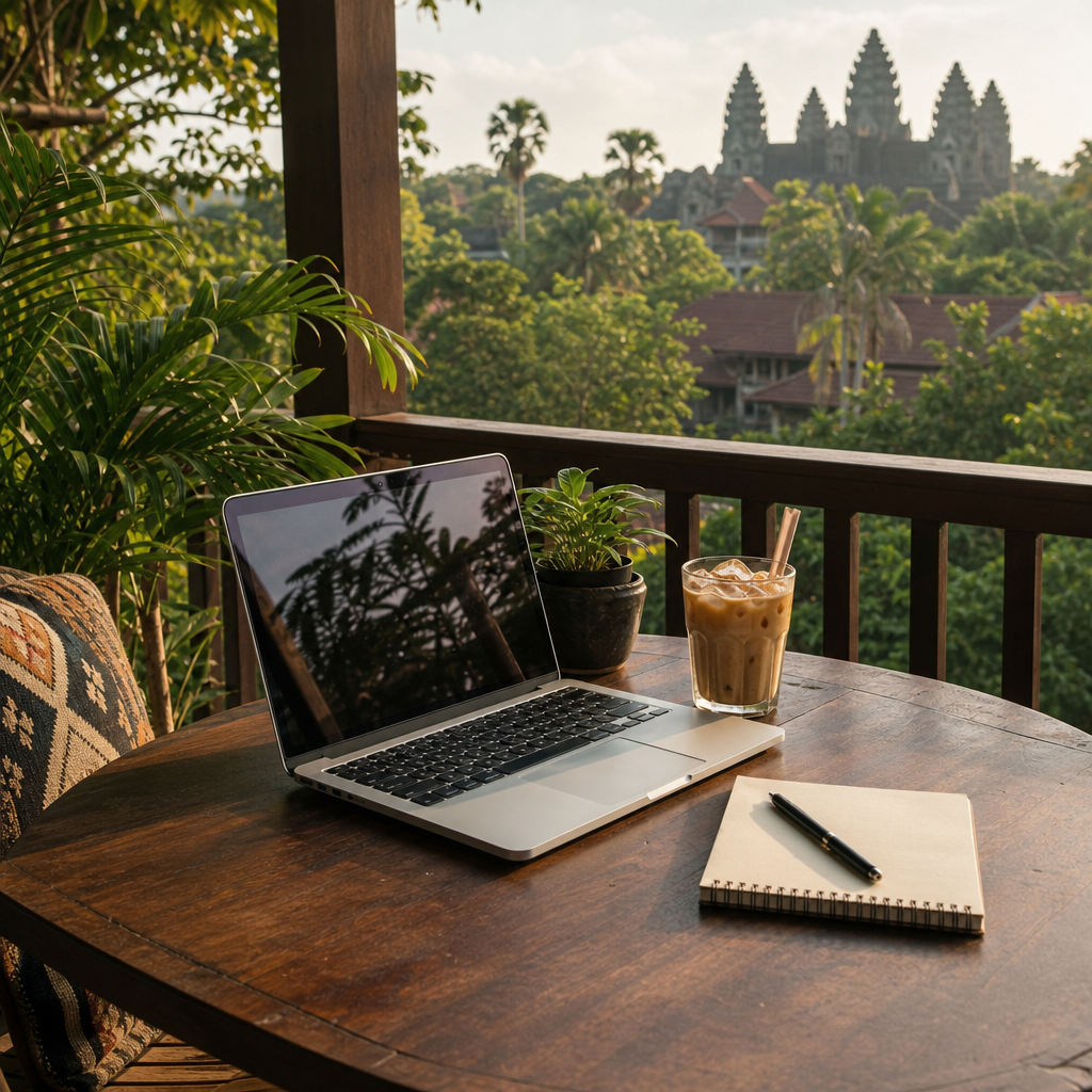 Laptop and iced coffee on a balcony overlooking greenery in Siem Reap