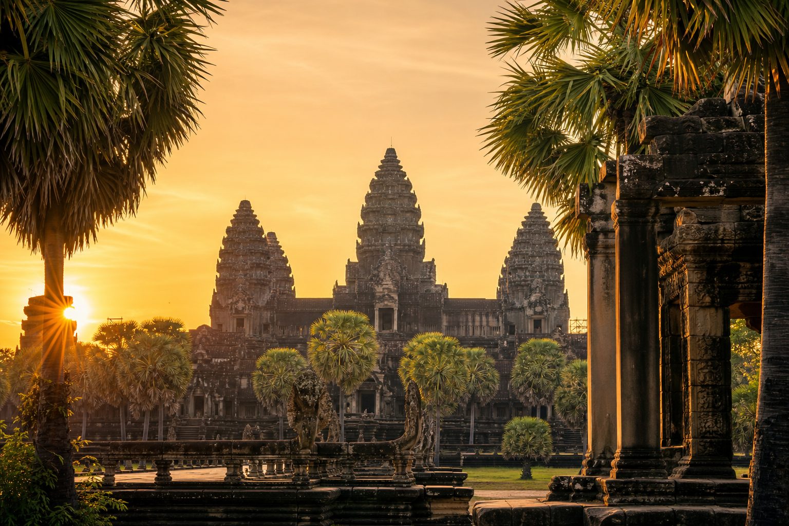 Angkor temple stone towers framed by palms in Siem Reap during warm sunrise