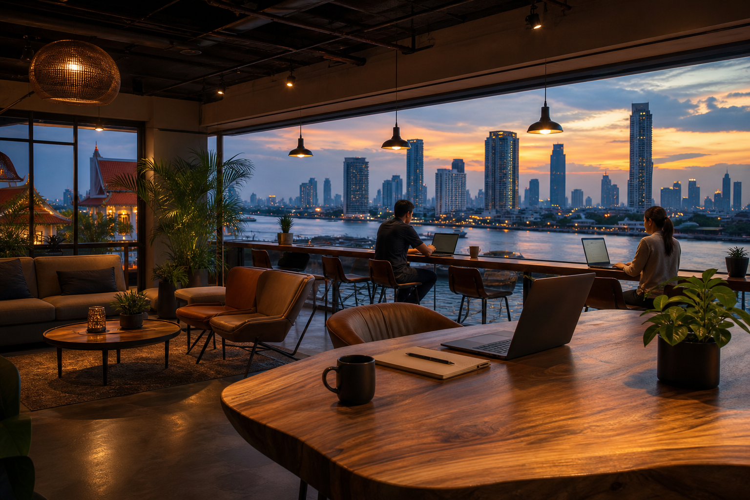 Riverside coworking lounge with panoramic skyline view and warm evening lighting