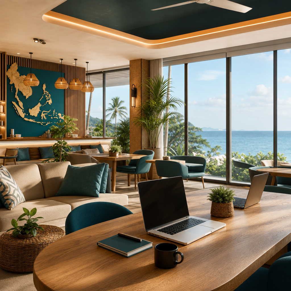 Modern coastal coworking lounge with teal accents, soft lighting, and ocean-view windows
