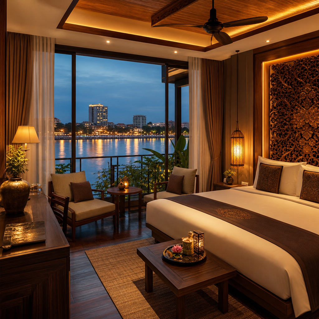 Boutique riverside hotel with warm amber lighting and modern Khmer-inspired design