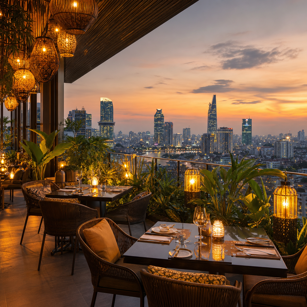 Rooftop restaurant terrace with lush greenery, warm lanterns, and city skyline backdrop