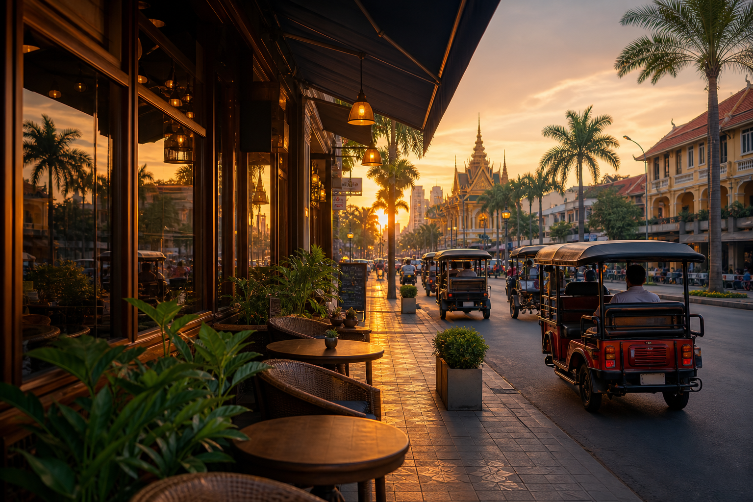 Street-side cafe scene in Phnom Penh with tuk-tuks and palm-lined boulevard at golden hour