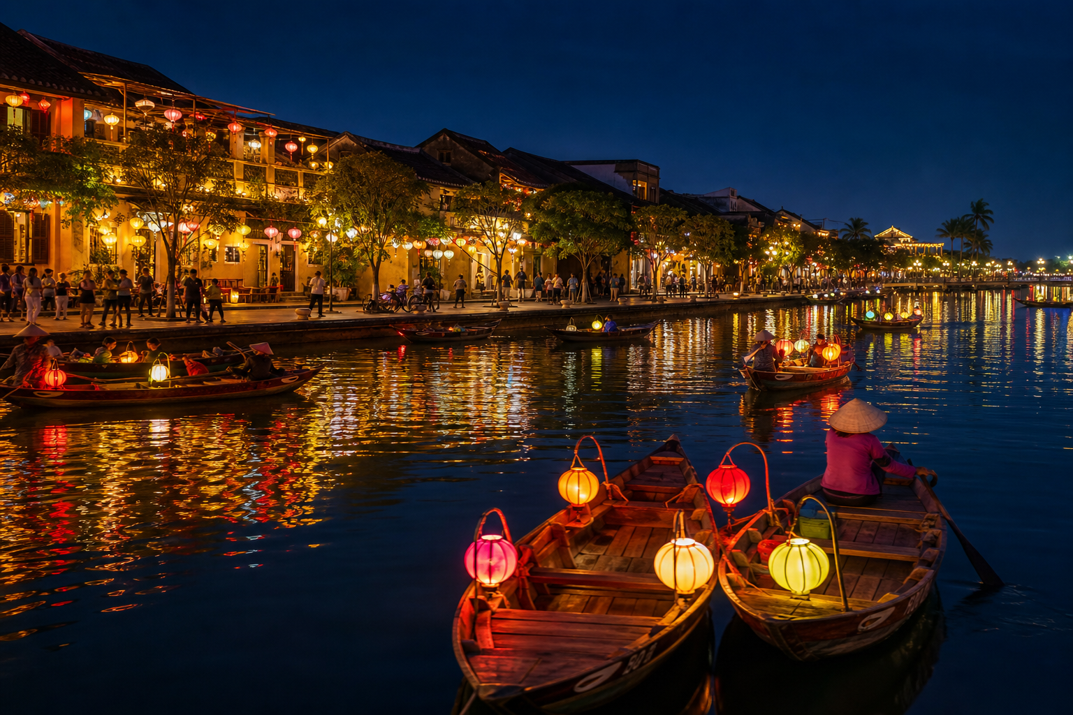 Vietnam riverside city with lanterns and traditional boats
