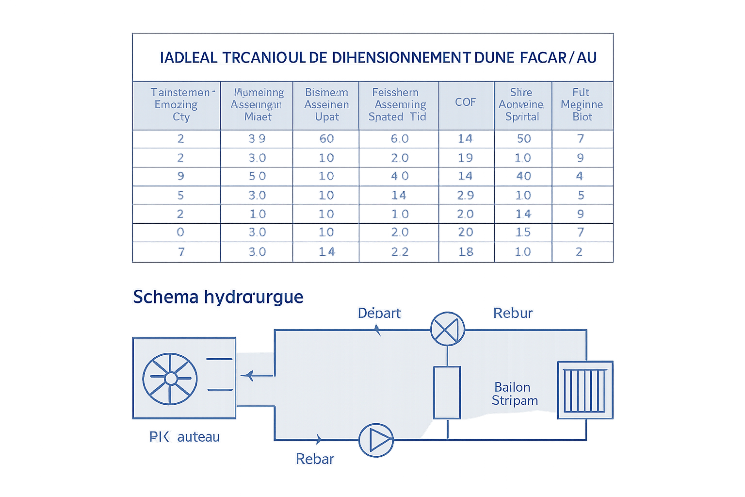 Tableau technique de dimensionnement PAC air/eau avec schéma hydraulique