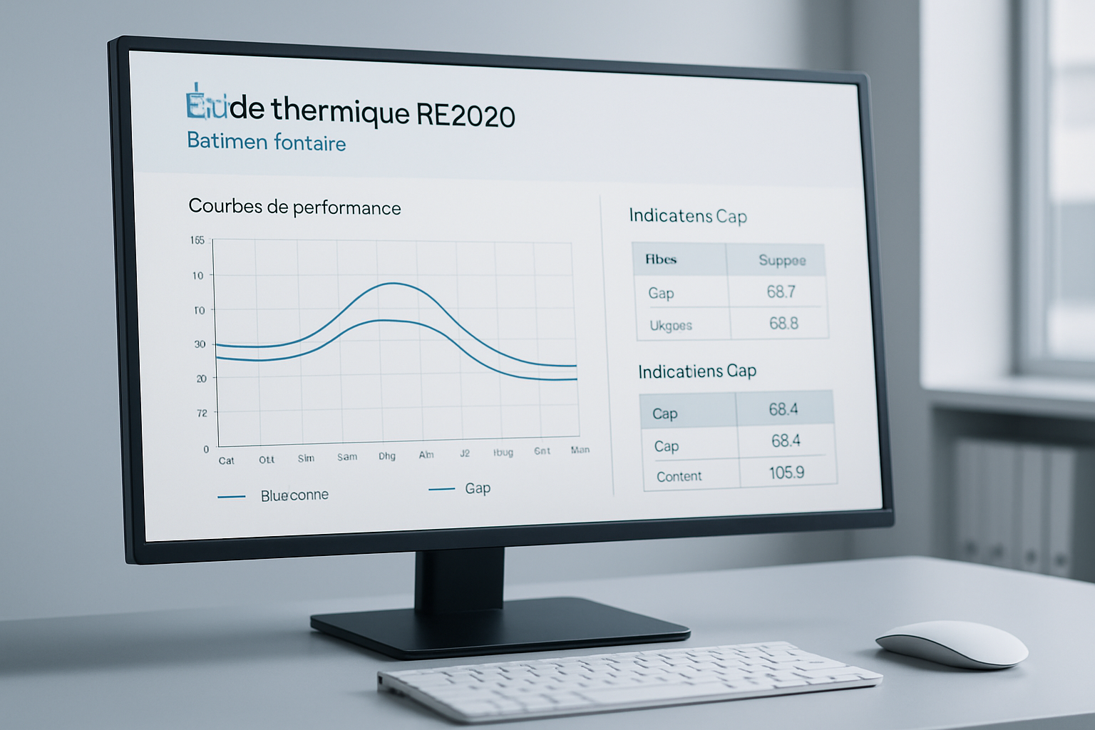 Capture d’étude thermique RE2020 pour un bâtiment tertiaire avec courbes et tableaux