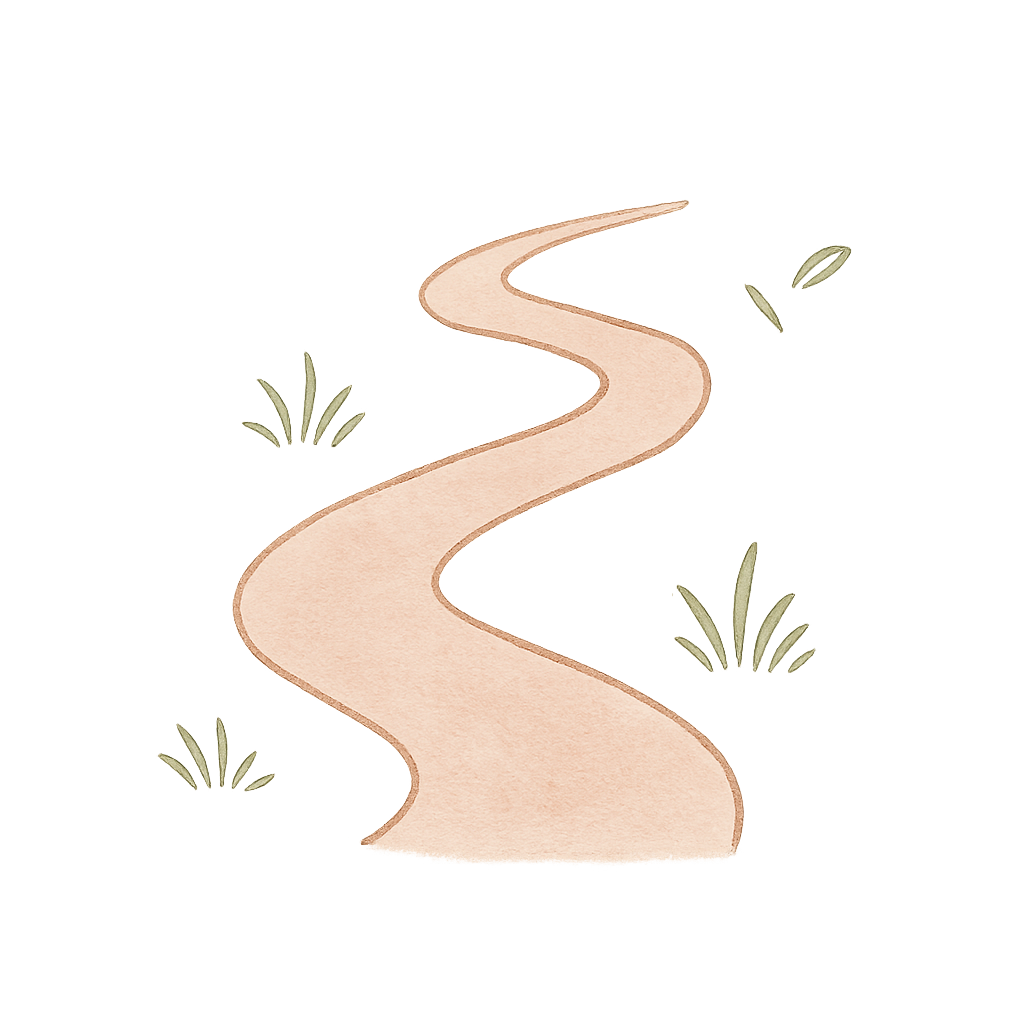Delicate hand-drawn winding trail line with small leaf accents in soft earthy tones