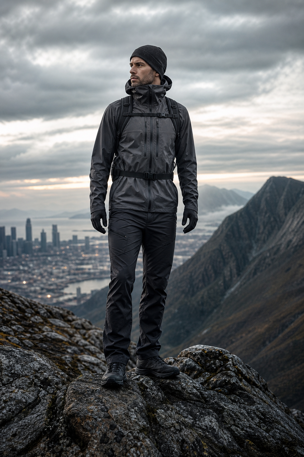 Editorial outdoor scene featuring a sleek technical outfit in a mountain transition setting