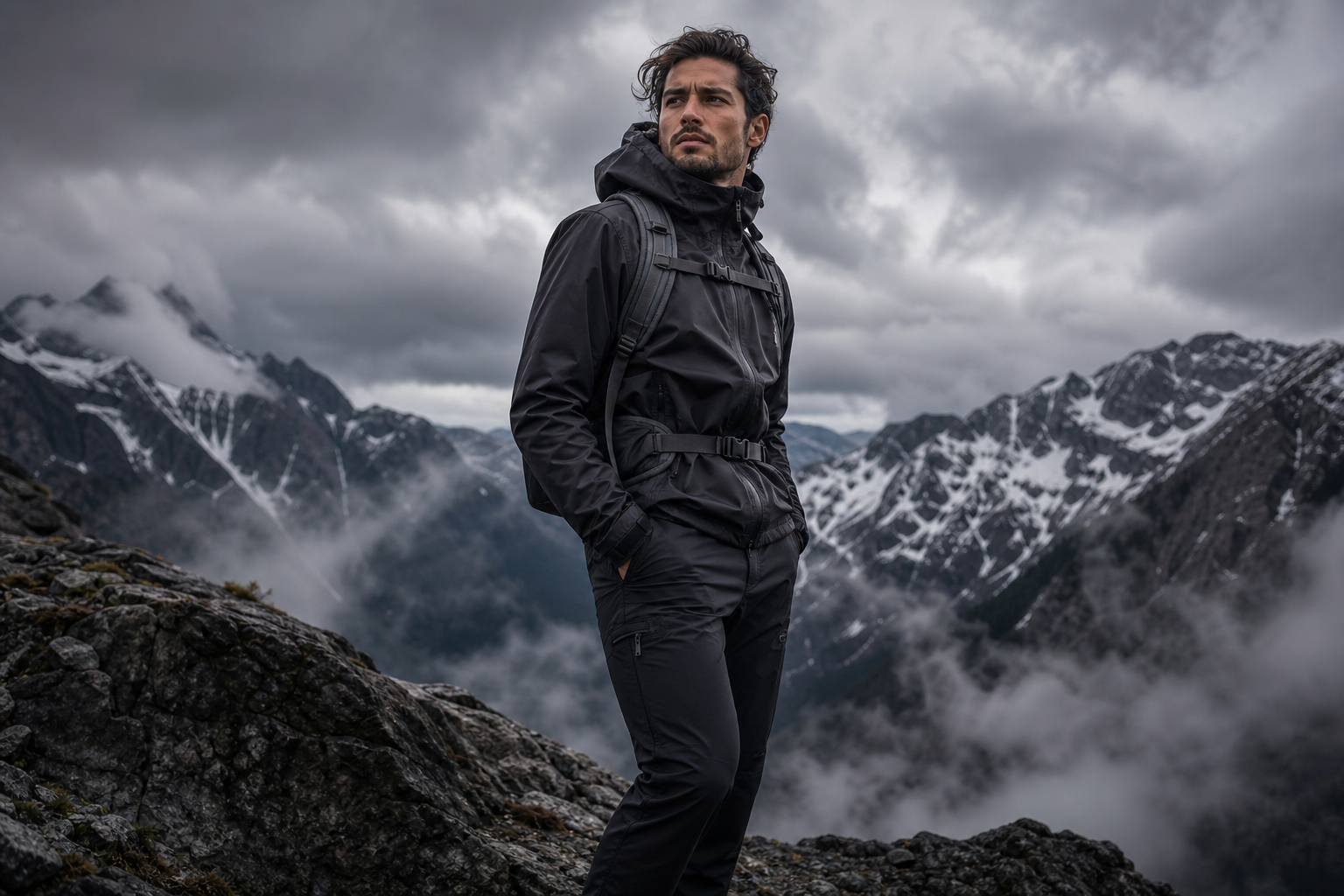 Hero editorial scene showing technical outdoor apparel in dramatic mountain conditions