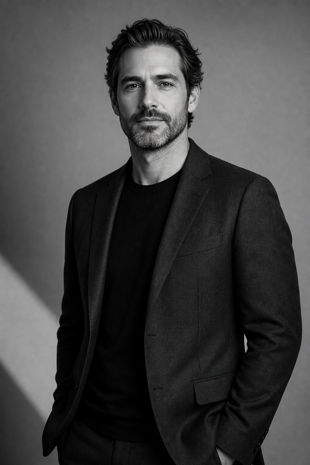 Professional editorial portrait of Philip in a tailored dark jacket, looking composed against a soft neutral studio background