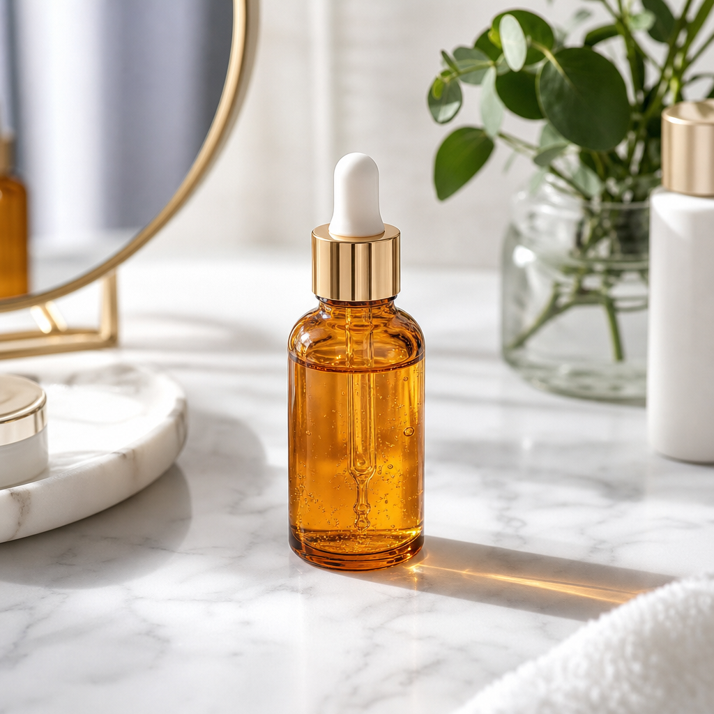 Glass bottle of vitamin C serum with amber tint on a white marble vanity