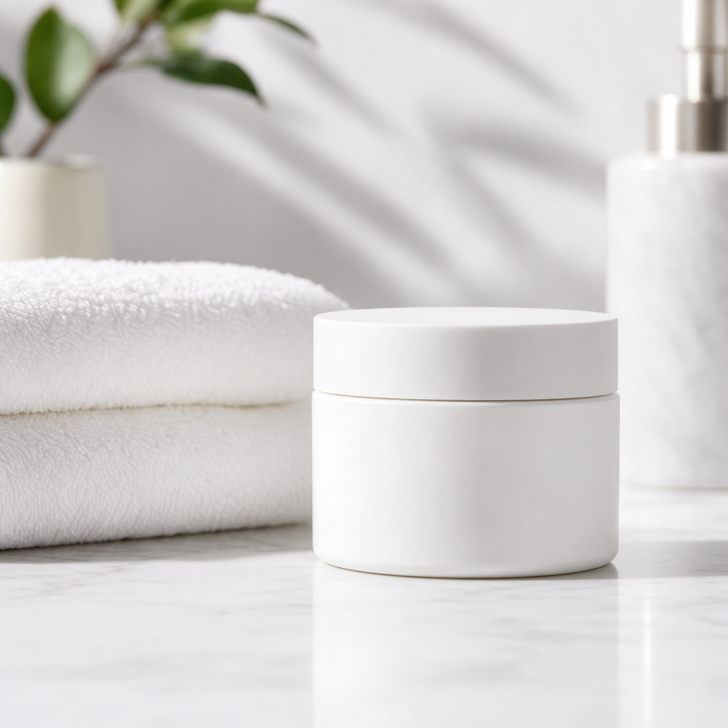 Minimalist white jar of barrier repair moisturizer beside soft towels
